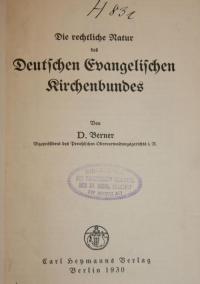 Die rechtliche Natur des Deutschen Evangelischen Kirchenbundes